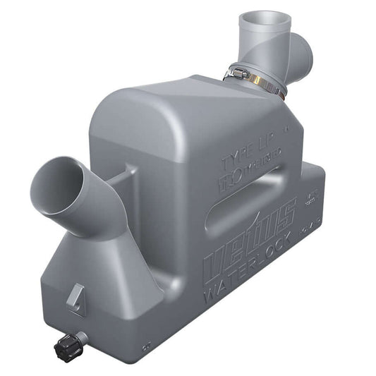 Marmitta silenziatore Vetus Waterlock LP50 in plastica grigia con raccordo girevole e fascetta inox