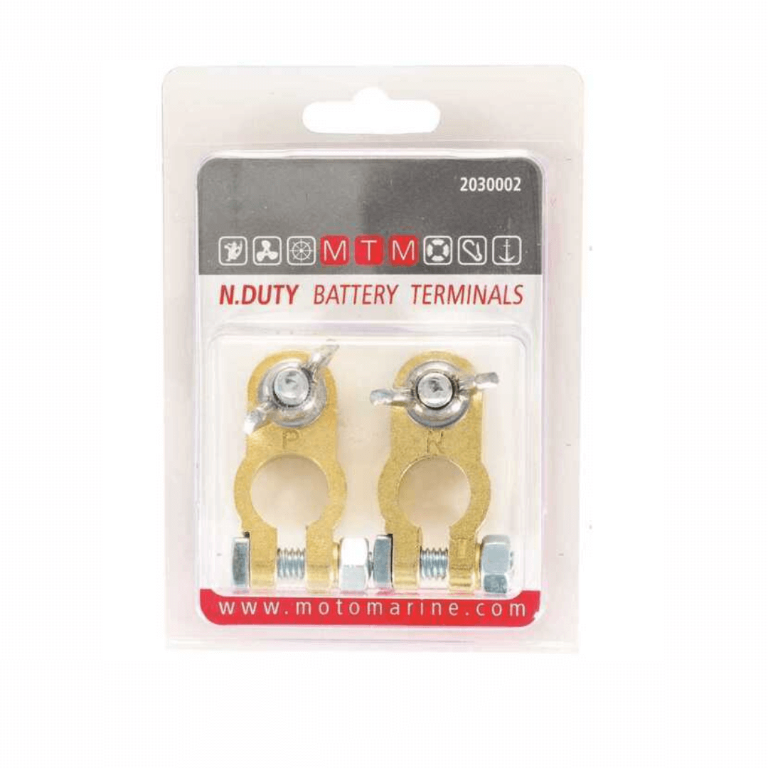 Coppia morsetti batteria N Duty MTM dorati con viti, positivo e negativo, in blister