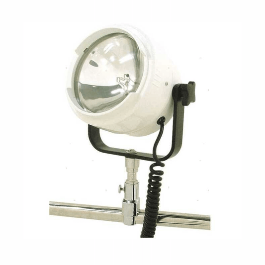 Faro rotondo bianco con morsetto cromato per tubo e cavo a spirale nero su sfondo bianco