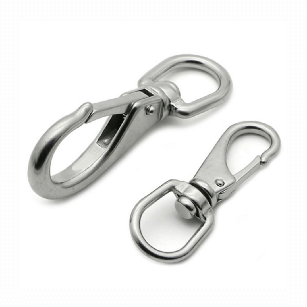 Moschettoni girevoli in acciaio inox A4 argento, 2 misure diverse con anello rotante