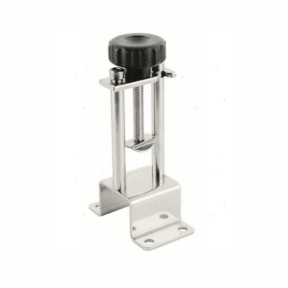 Musone fisso classic in acciaio inox con vite di regolazione e pomello nero, base a L forata, 250mm