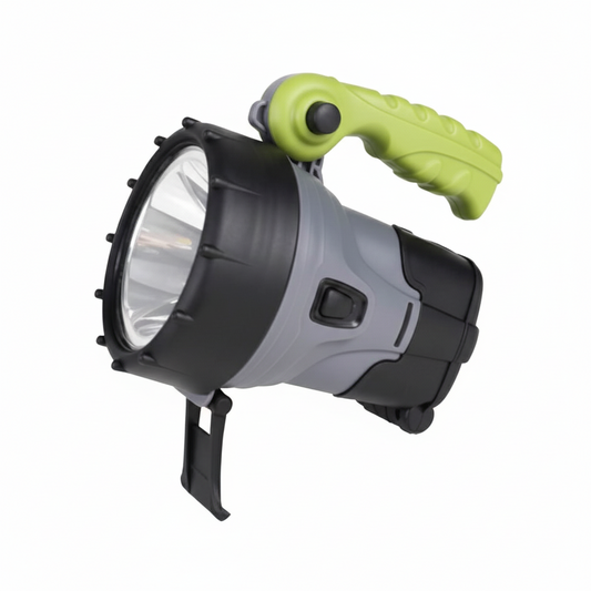 Torcia ricaricabile Nebula 450 lumen nera e grigia con manico verde, lente frontale e supporto pieghevole