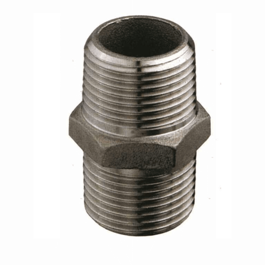 Nipple doppio maschio 3/8" in acciaio inox lucido con esagono centrale e filettatura conica