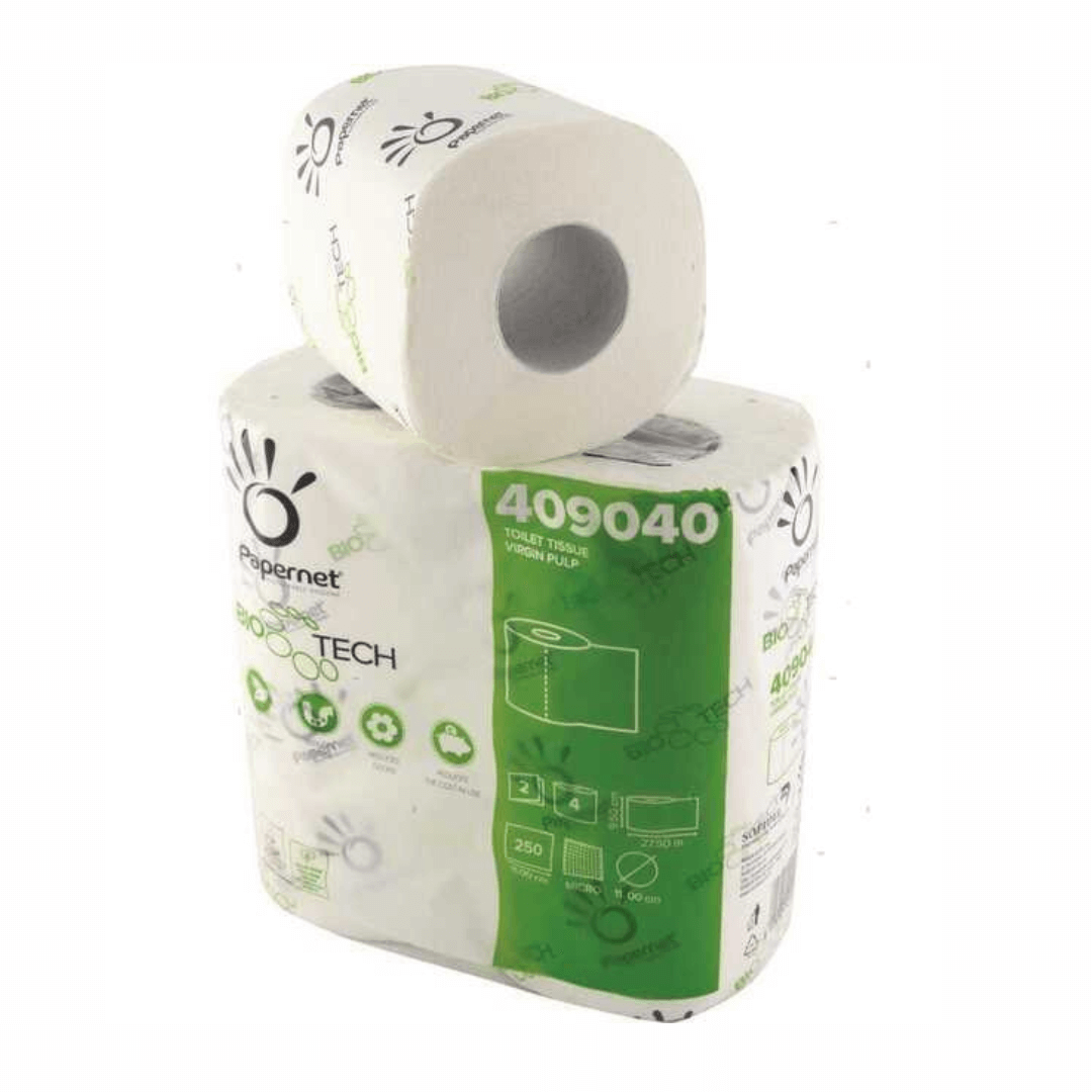Carta igienica Papernet BioTech 4 rotoli bianchi in confezione verde e bianca 250 strappi