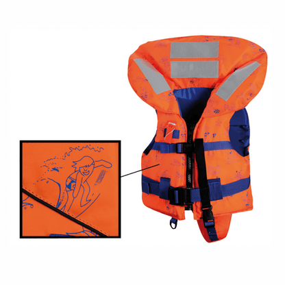 Giubbetto salvagente bambino arancione 15-30 kg con mutandina, fasce blu e bande rifrangenti
