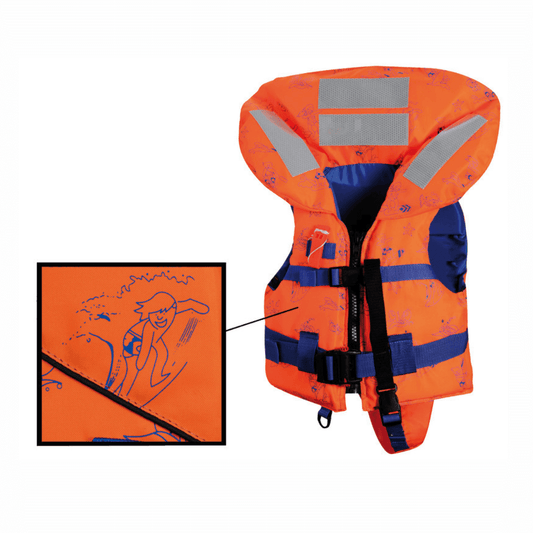 Giubbetto salvagente bambino arancione 15-30 kg con mutandina, fasce blu e bande rifrangenti