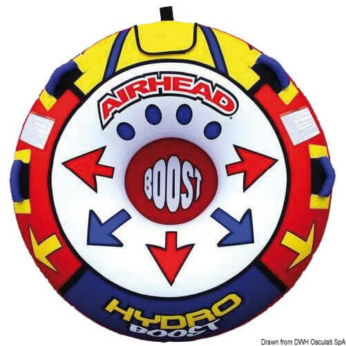 Gonfiabile tondo Airhead Hydro Boost Ø138cm, colorato rosso blu giallo con maniglie, per traino nautico