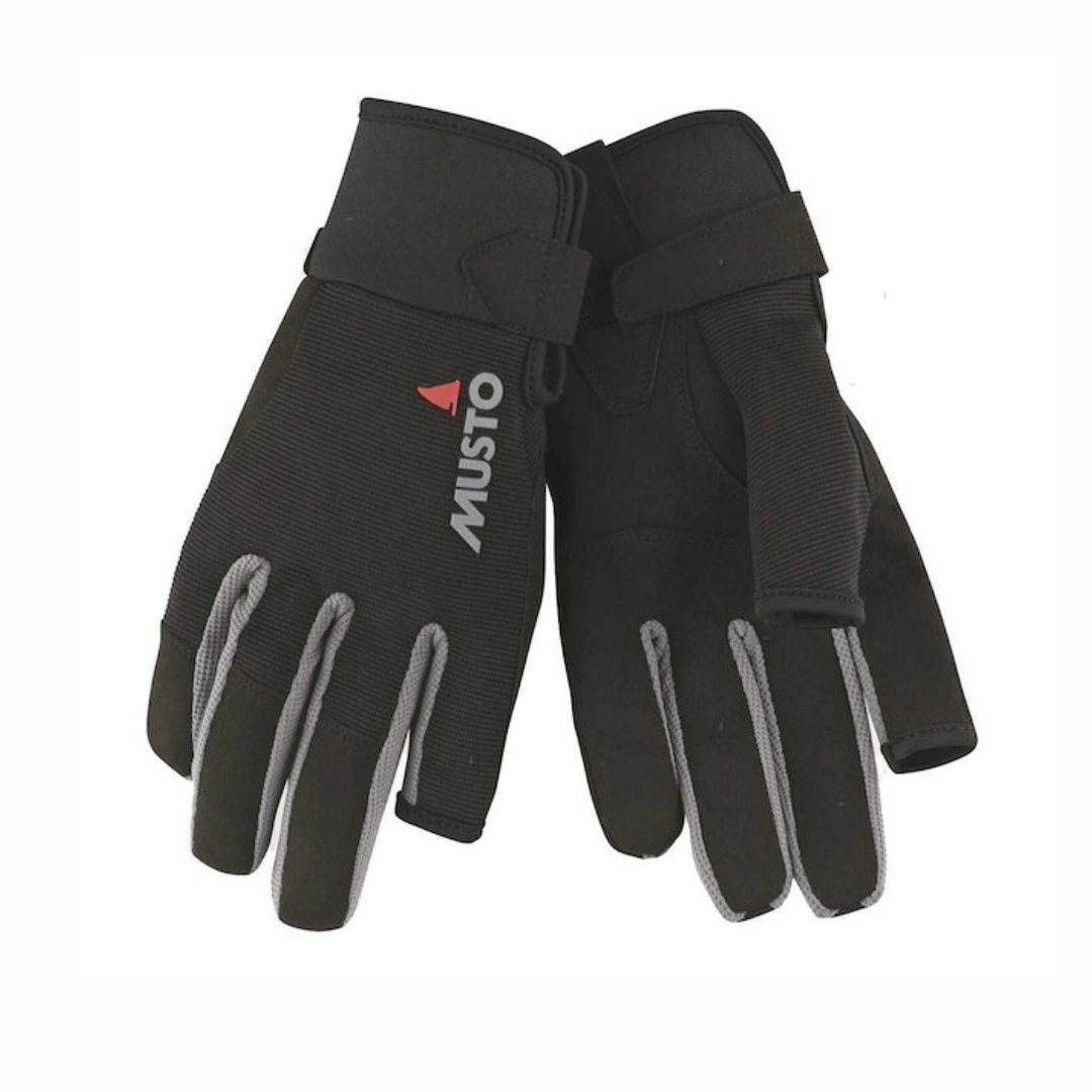 Guanti vela Musto Essential neri in neoprene con dettagli grigi e chiusura velcro al polso