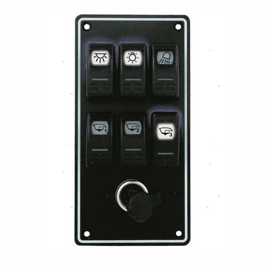 Pannello interruttori Black Sea nero 6x16A con 6 tasti a bilanciere e presa 12V