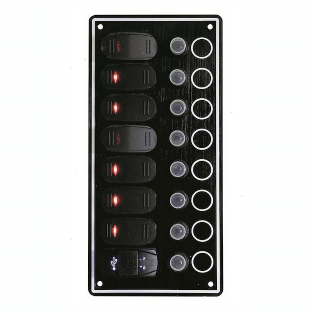 Pannello interruttori nautici nero 8 vie con LED rossi, fusibili e porta USB