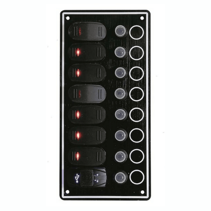 Pannello interruttori nautici nero 8 vie con LED rossi, fusibili e porta USB