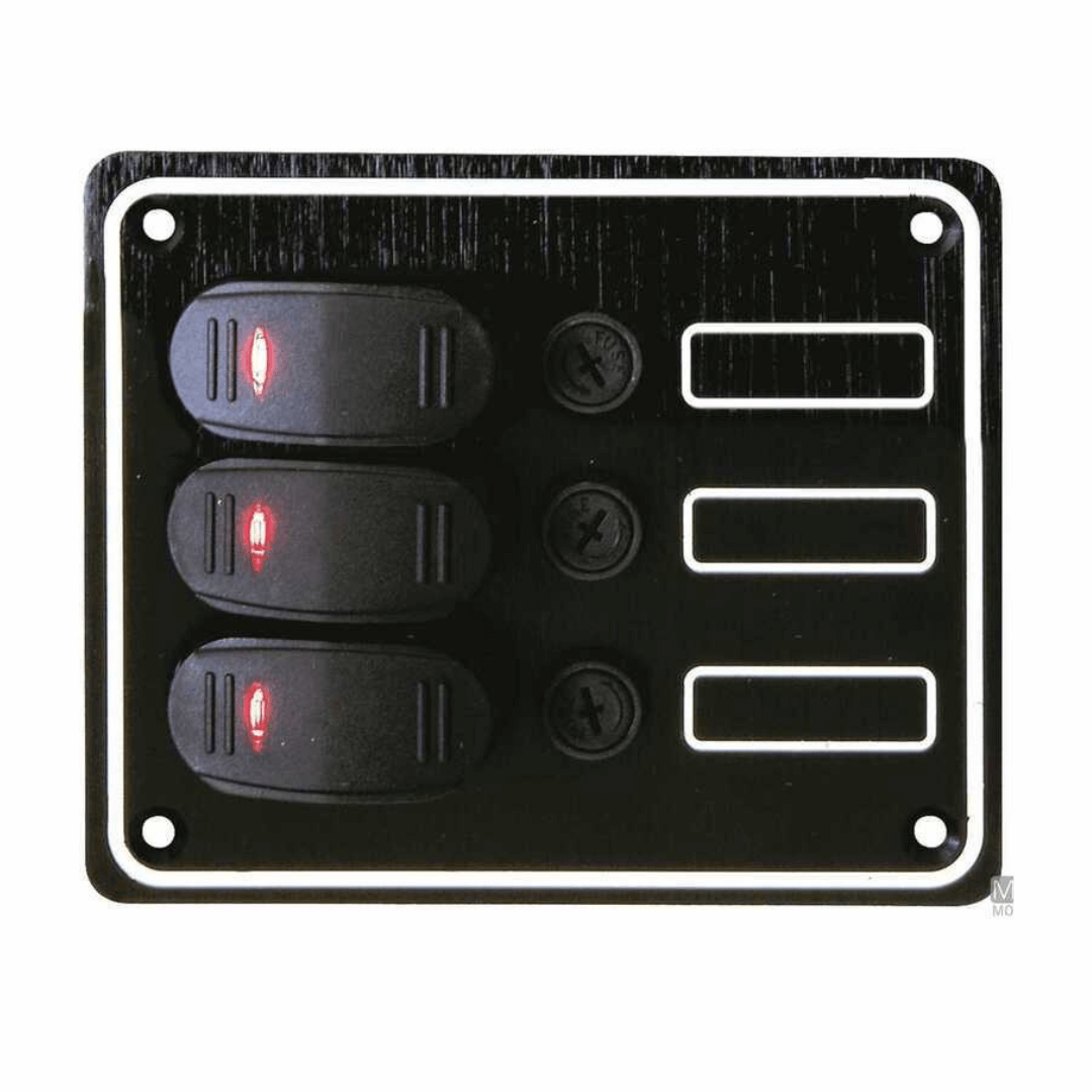 Pannello interruttori Contour 3x15A nero in alluminio con 3 switch a bilanciere rossi e portafusibili