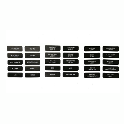 Etichette adesive nere per pannello interruttori Contour con scritte bianche: accessory, lights, GPS, VHF, bilge pump e altre
