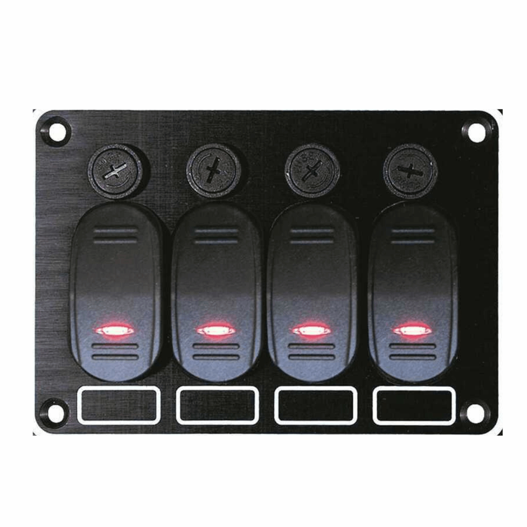 Pannello interruttori Contour 4x15A nero con 4 rocker switch a LED rosso e fusibili a vite