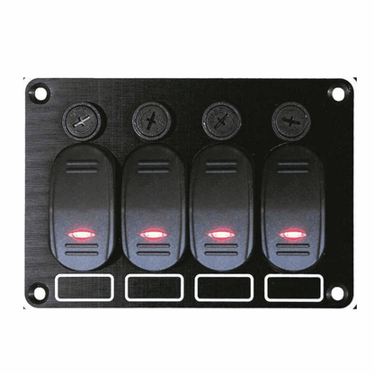 Pannello interruttori Contour 4x15A nero con 4 rocker switch a LED rosso e fusibili a vite