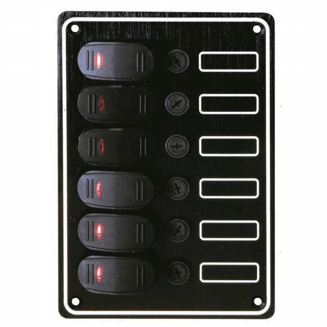 Pannello interruttori Contour 6x15A nero con LED rossi e portafusibili, alluminio anodizzato