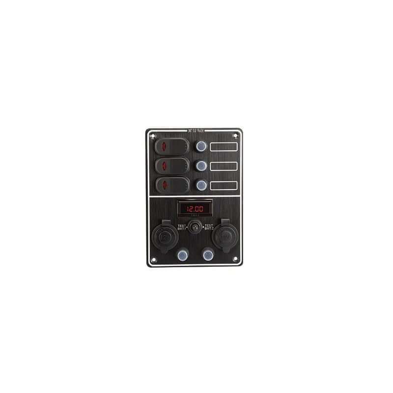 Pannello interruttori Contour tester digital 3 vie nero con display rosso 12V e prese 12V