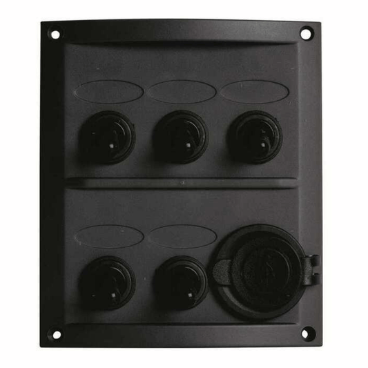 Pannello elettrico nautico nero in ABS con 5 interruttori impermeabili e presa 12V con coperchio