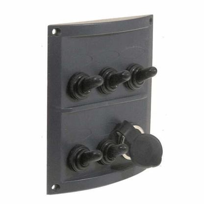 Pannello elettrico nautico nero ABS con 5 interruttori a leva e presa chiave 12V
