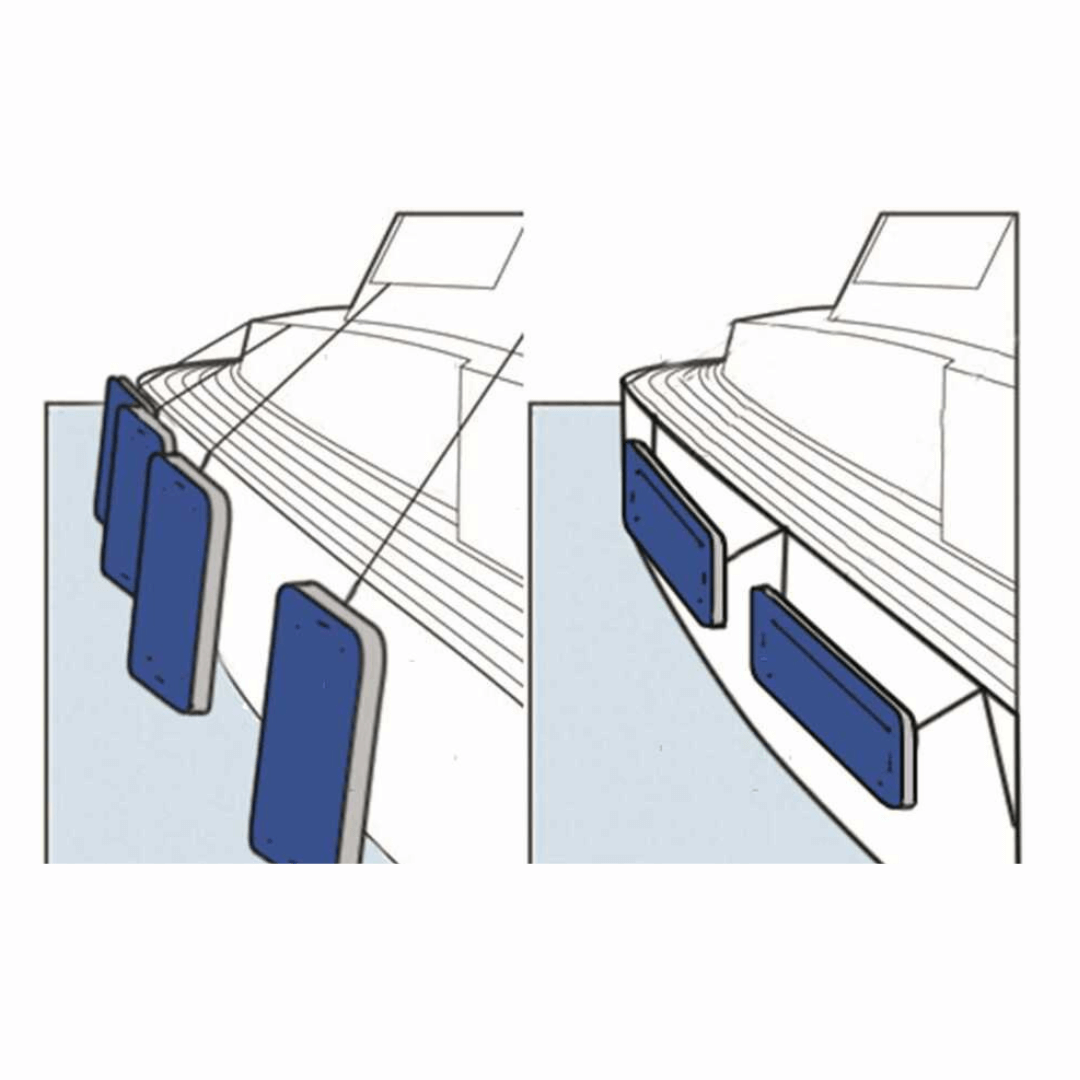 Parabordo piatto parafiancata blu montato su fiancata barca, vista comparativa posizione verticale e orizzontale