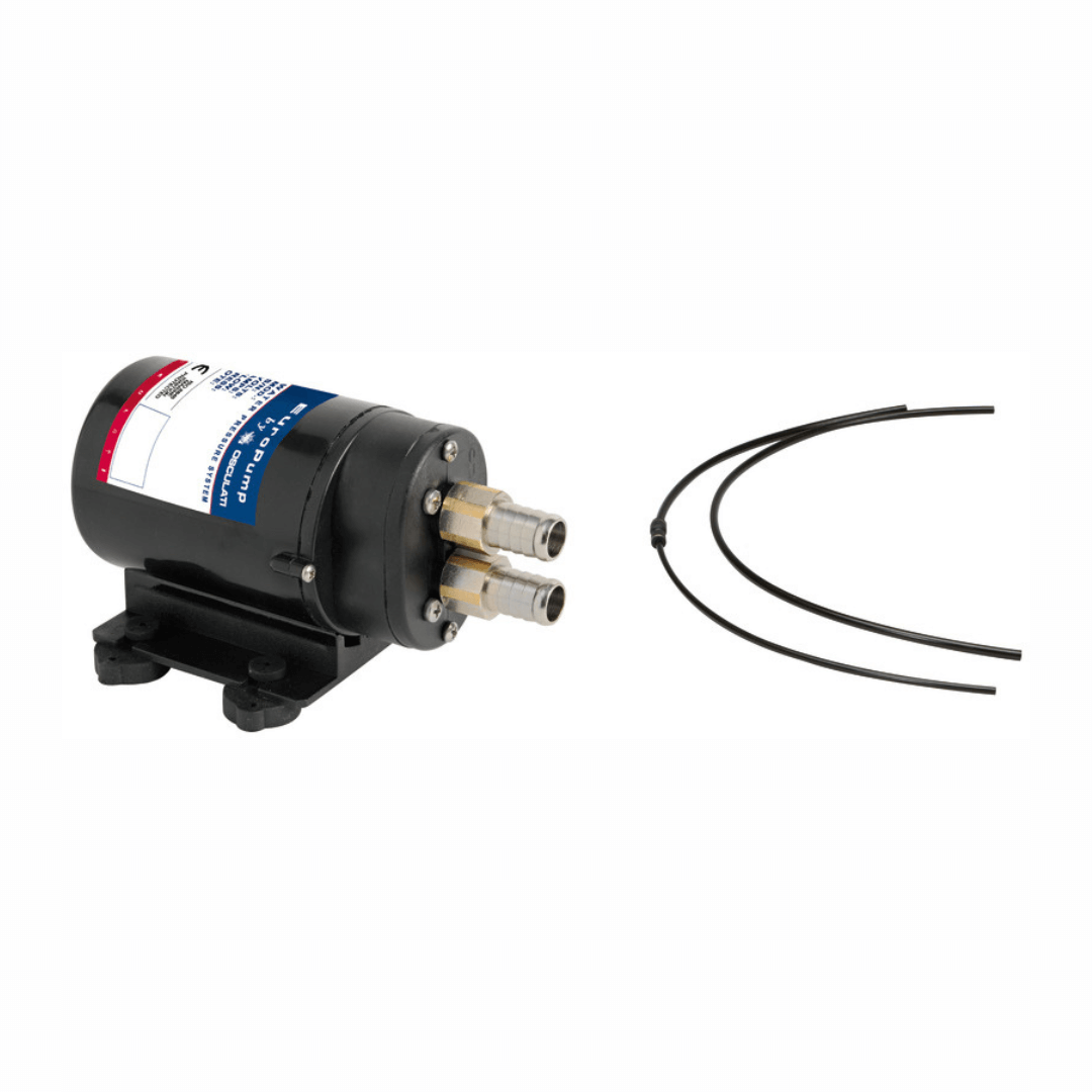 Pompa olio gasolio EuroPump 12V nera con due raccordi metallici e cavi elettrici neri inclusi