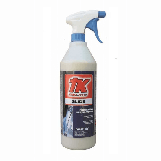 Spray protettivo per gommoni TK Line Slide 1L, flacone bianco con grilletto blu, cera protettiva