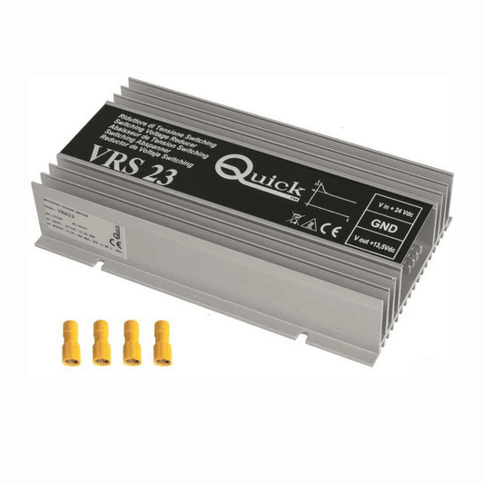 Riduttore di tensione switching Quick VRS23 in alluminio argentato con connettori gialli inclusi