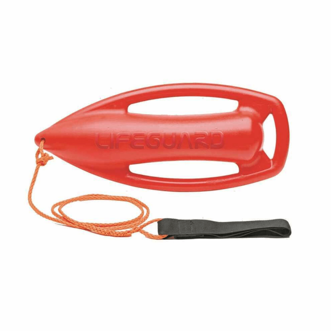 Salvagente Baywatch rosso in plastica con maniglia e cordino arancione con cinturino