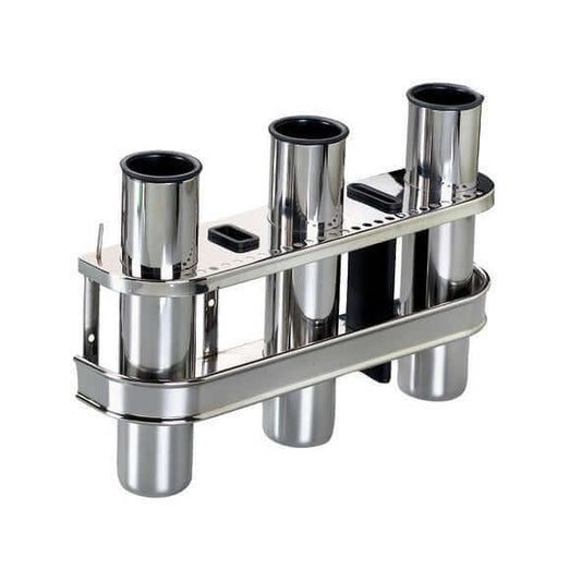 Supporto portacanne 3 posti in acciaio inox lucido con tubi angolati su base rettangolare