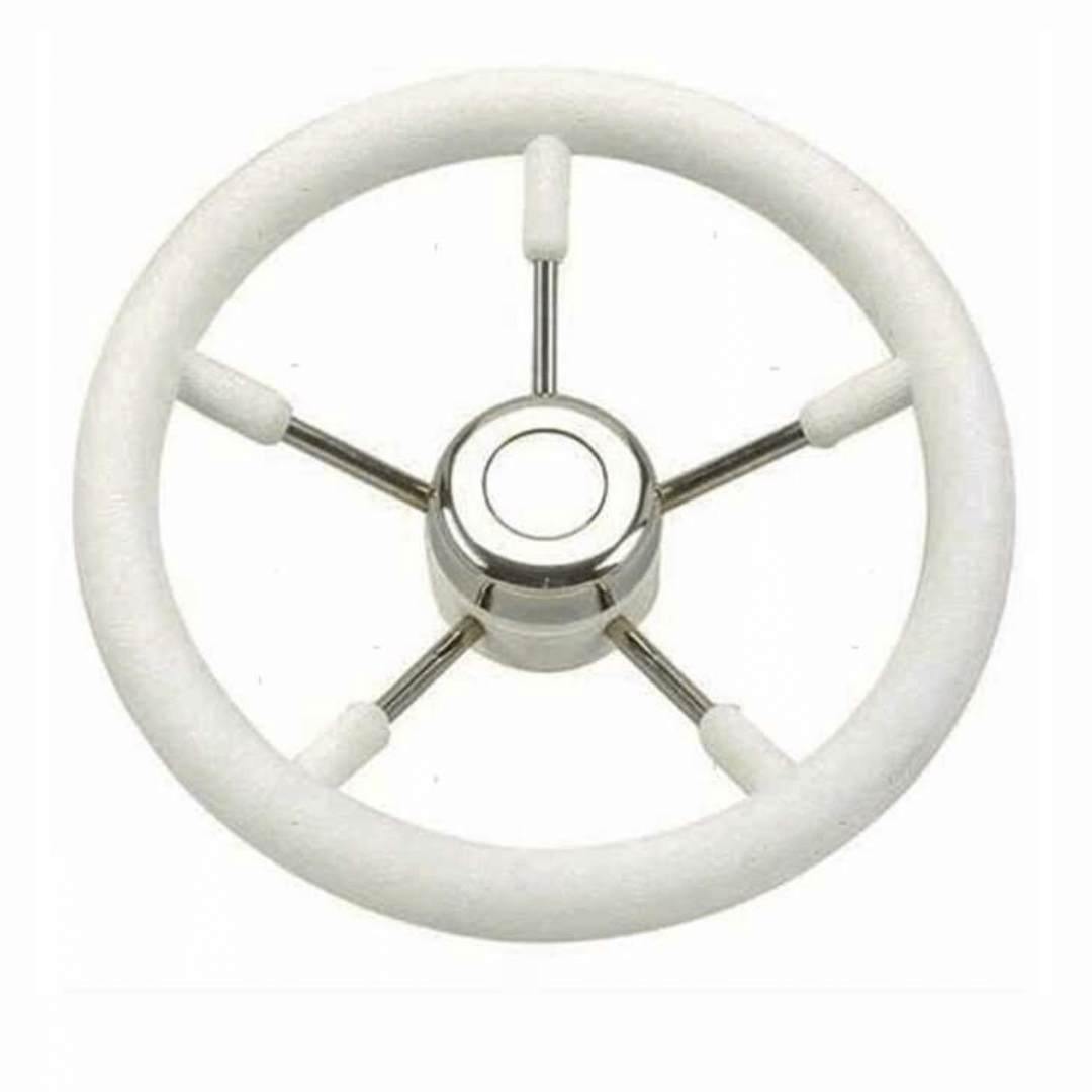 Volante nautico in poliuretano bianco con 5 razze in acciaio inox e mozzo centrale cromato Ø 350mm