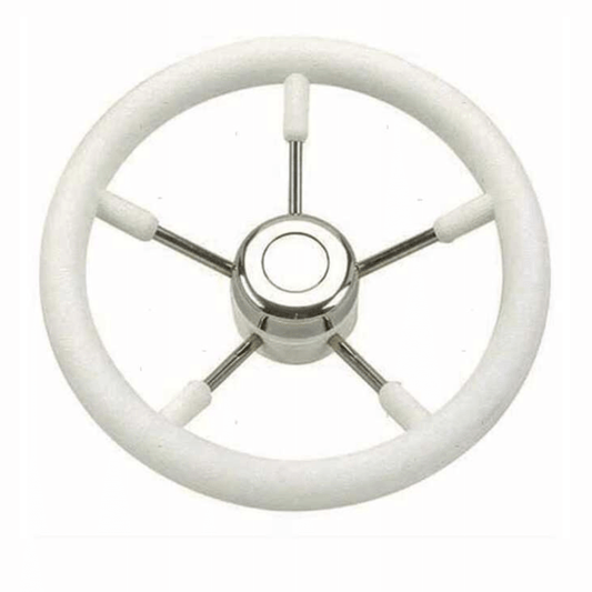 Volante nautico in poliuretano bianco con 5 razze in acciaio inox e mozzo centrale cromato Ø 350mm