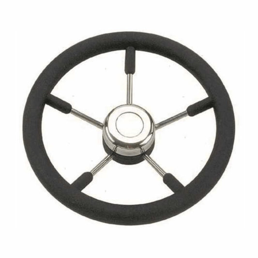 Volante nautico in poliuretano nero con raggi in acciaio inox e mozzo centrale cromato Ø 350 mm