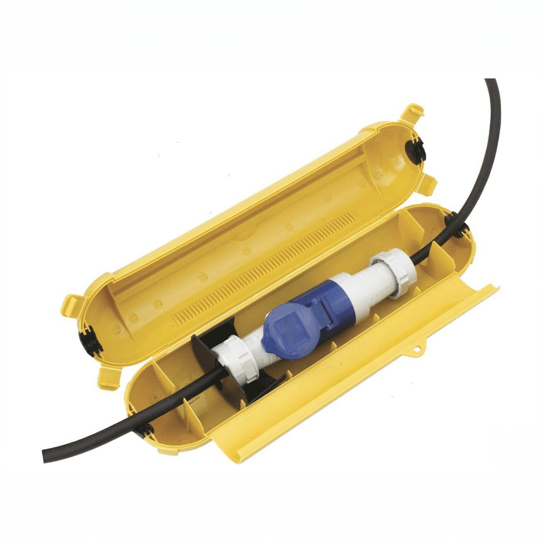 Protezione Electro Safe gialla aperta con connettore blu e bianco, custodia impermeabile per cavi elettrici