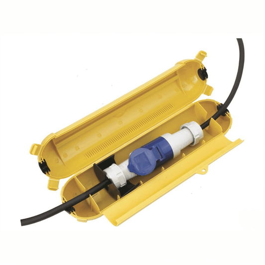 Protezione Electro Safe gialla aperta con connettore blu e bianco, custodia impermeabile per cavi elettrici