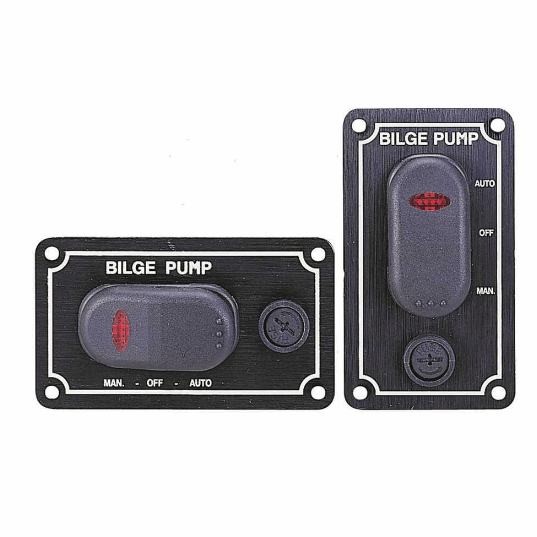 Pannello controllo pompa di sentina 12V nero, interruttore a 3 posizioni MAN-OFF-AUTO con spia rossa
