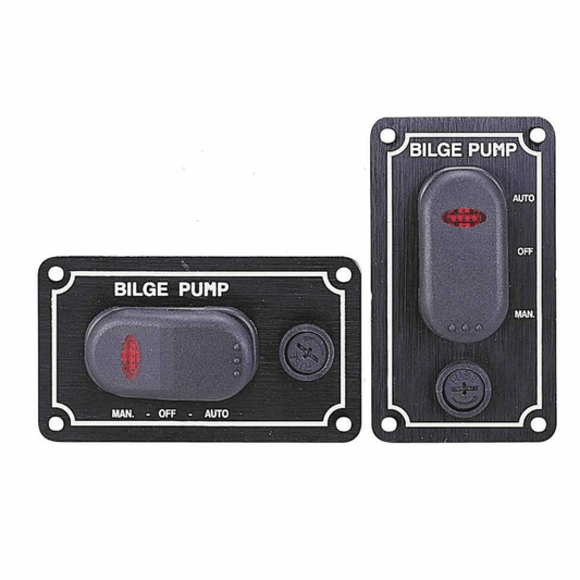 Pannello controllo pompa di sentina 12V nero, interruttore a 3 posizioni MAN-OFF-AUTO con spia rossa