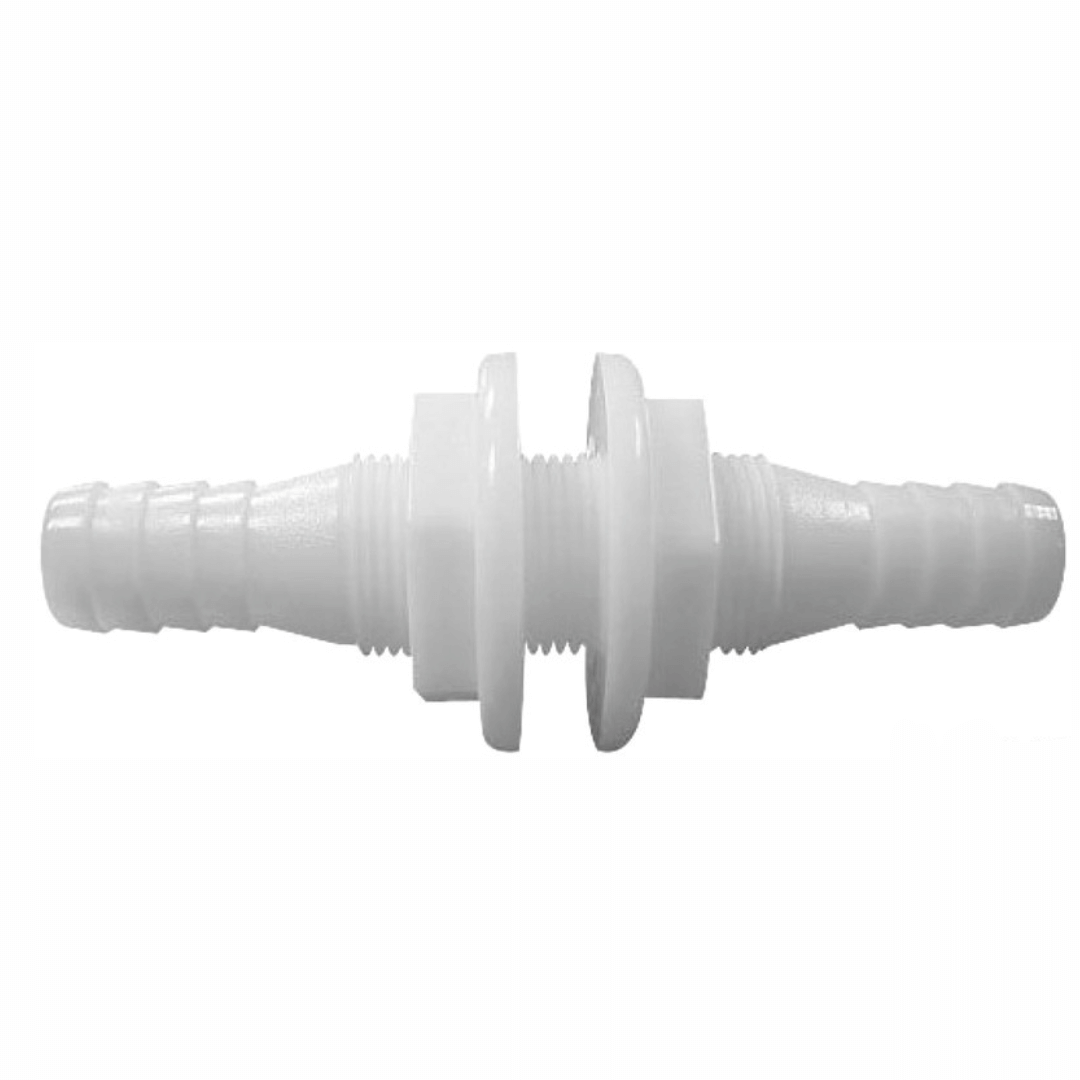 Passaparatia in nylon bianco con barbi e flange centrali filettate, Ø 19/20 mm, vista laterale