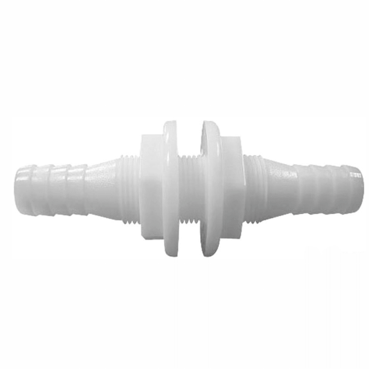 Passaparatia in nylon bianco con barbi e flange centrali filettate, Ø 19/20 mm, vista laterale