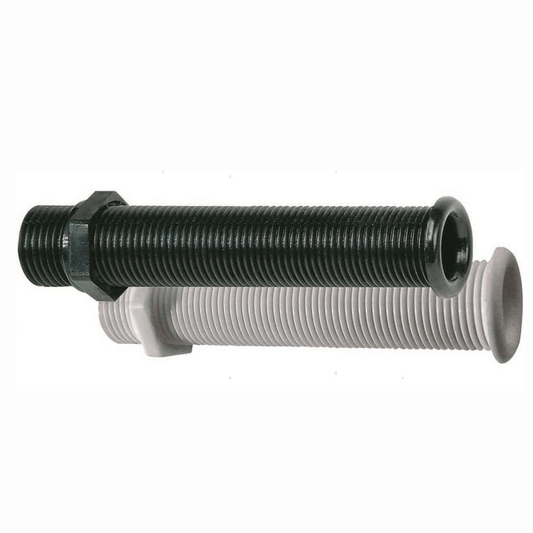 Passascafi lungo filettato in plastica bianca e nera Ø 25x33mm, lunghezza 155mm con dado di fissaggio