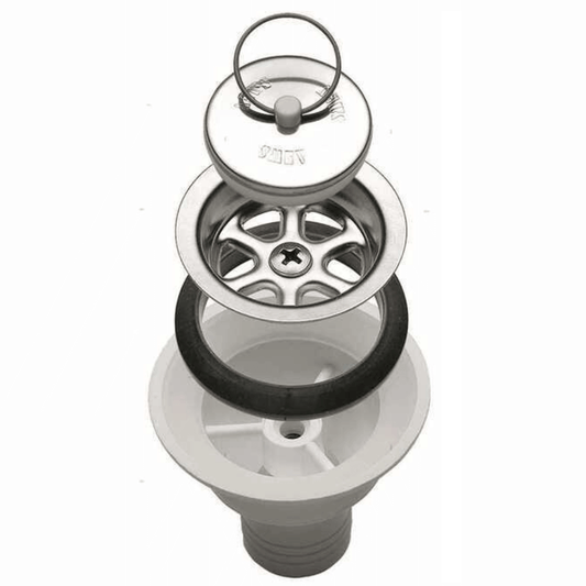 Piletta a gomito 90° per lavello esplosa: corpo bianco, filtro inox, guarnizione nera e tappo