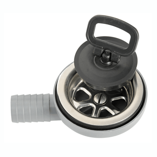 Piletta a gomito inox per lavello con scarico 90° Ø25mm, tappo nero con maniglia e raccordo grigio