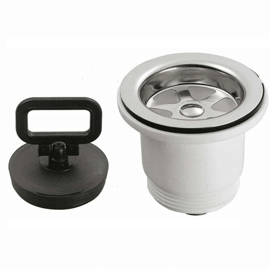 Piletta dritta ricambio lavello 1"1/4 in plastica bianca con griglia inox e tappo nero con maniglia