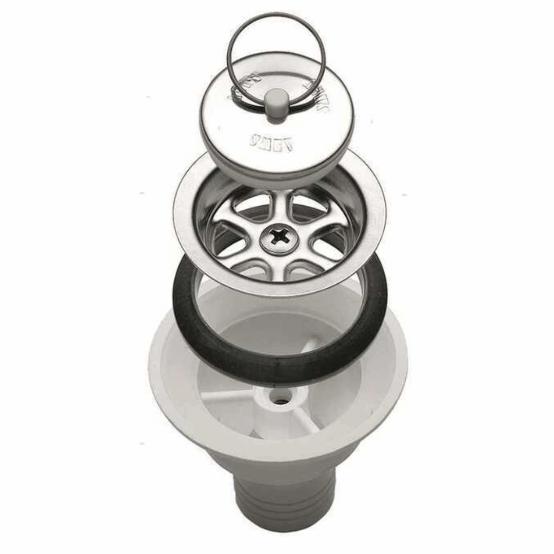Piletta dritta ricambio lavello Ø 25 mm in acciaio inox e plastica bianca, esplosa con guarnizione nera