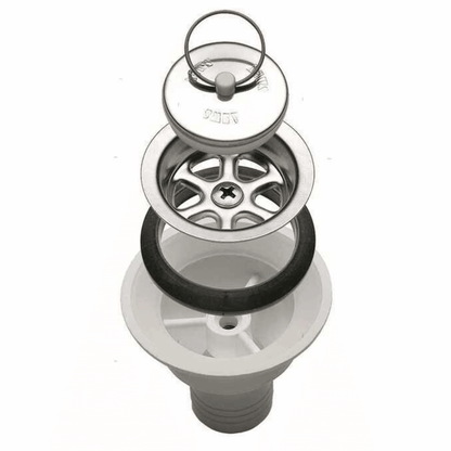 Piletta dritta ricambio lavello Ø 25 mm in acciaio inox e plastica bianca, esplosa con guarnizione nera