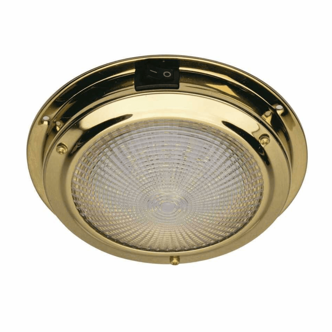 Plafoniera LED 12V ottone lucido tonda con interruttore e lente prismatica