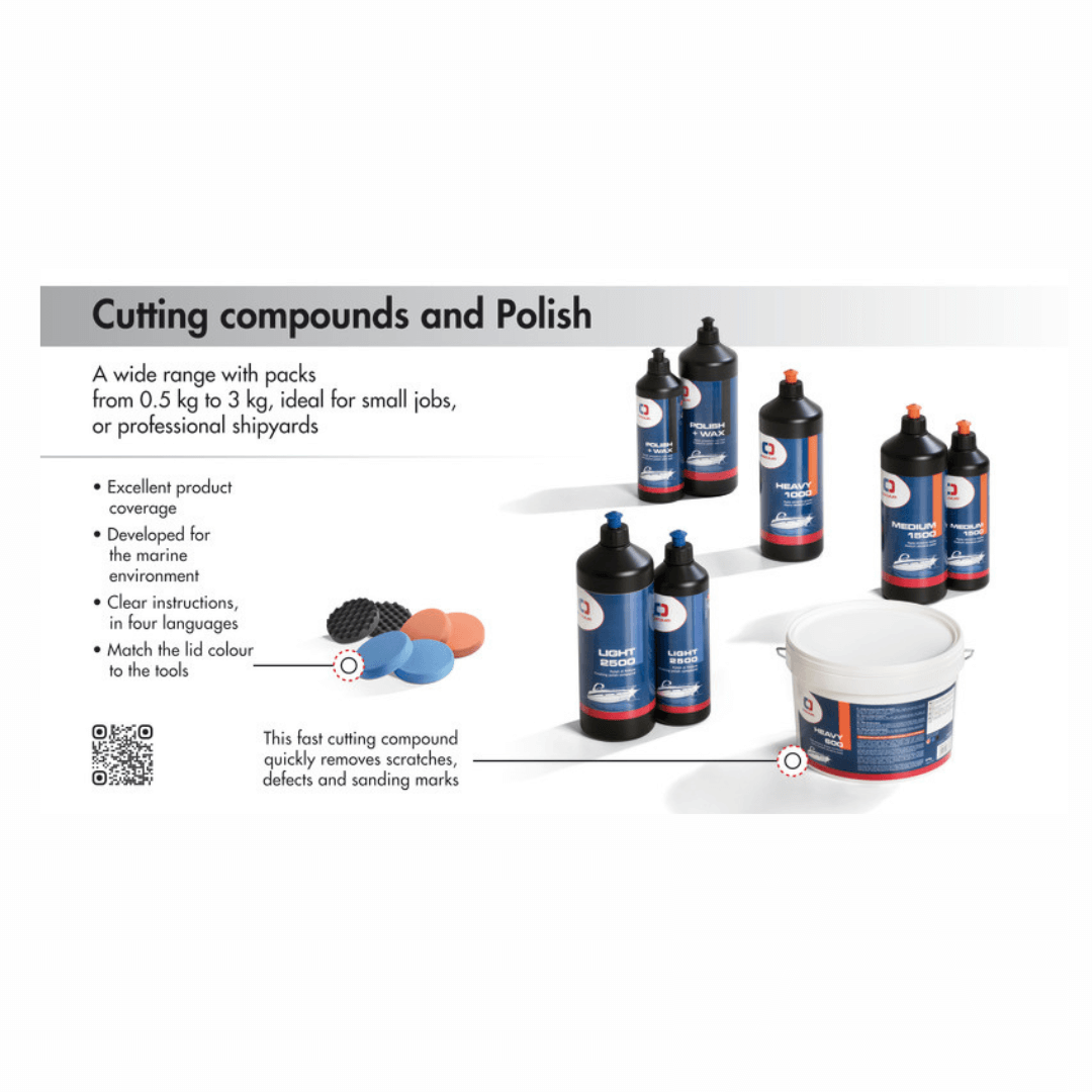 Flaconi cutting compound e polish marino: Light 2500, Heavy 1000, Medium 1500, Polish+Wax, secchio Heavy