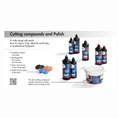 Flaconi cutting compound e polish marino: Light 2500, Heavy 1000, Medium 1500, Polish+Wax, secchio Heavy