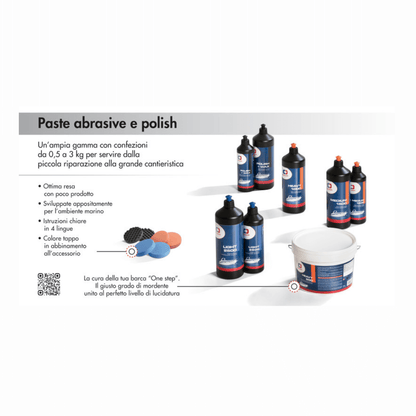 Gamma paste abrasive e polish marine in flaconi blu da 0,5 a 3 kg: Light 2500, Medium 1500, Heavy 1000, Polish+Wax
