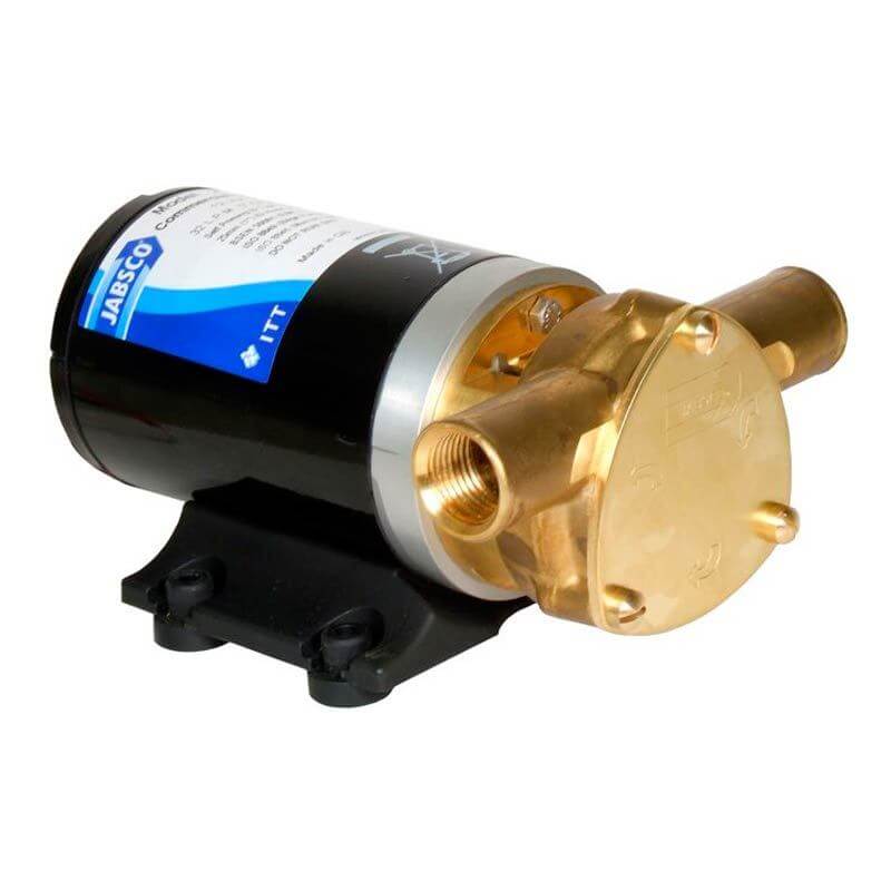Pompa autoadescante Jabsco Water Puppy 12V in ottone dorato con motore nero e base di montaggio