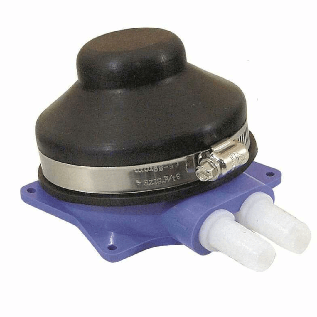 Pompa a pedale manuale blu e nera con fascetta inox e due raccordi bianchi, 9 lt/min